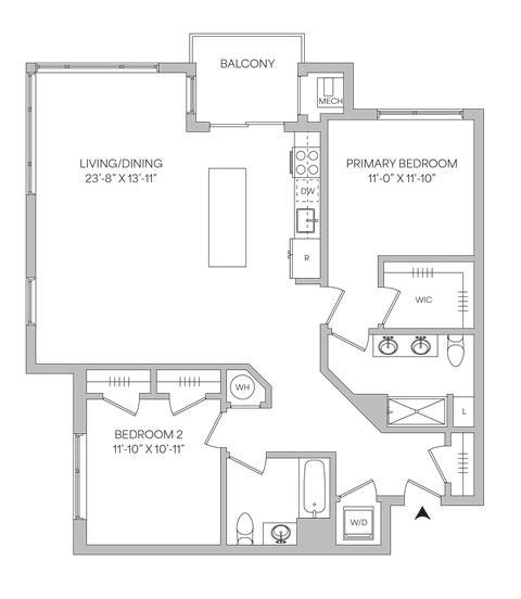 Floorplan of a 1,265 square foot 2 bedroom 2 bath apartment with a balcony